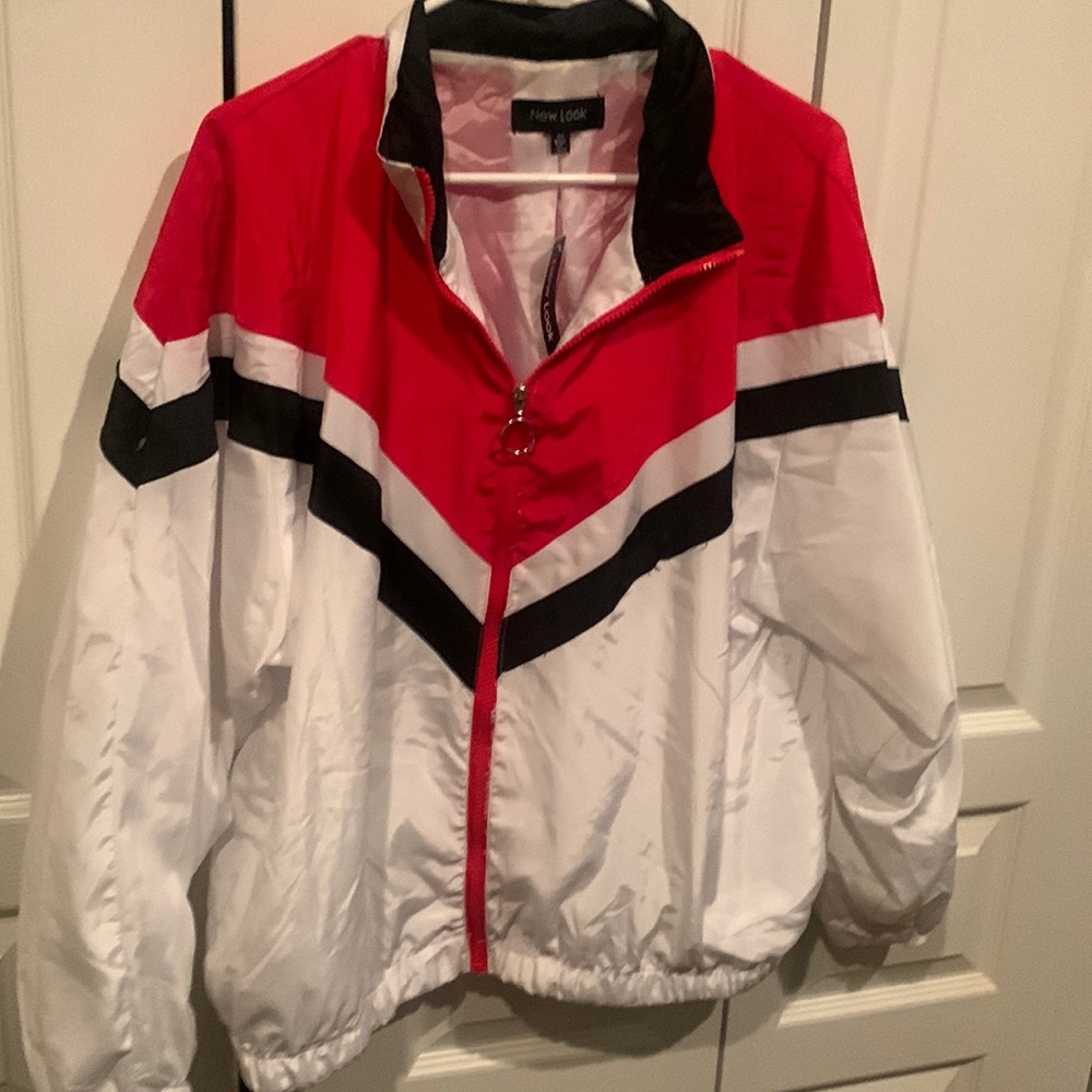 Red white and black bomber jacket